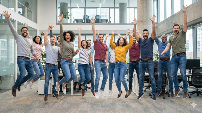 Excited employees after being informed of their new benefit program